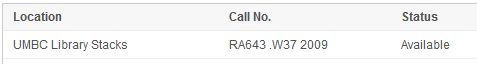 Screenshot of call number in catalog