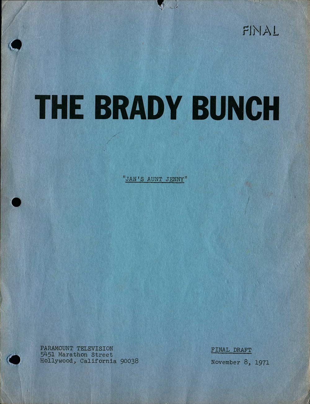 Cover of The Brady Bunch: Jan's Aunt Jenny Script from Paramount Television, Final Draft, November 8, 1971