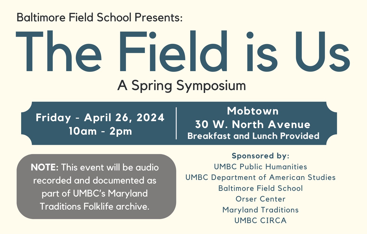 The Field is Us Spring Symposium Flyer for the April 2024 event, containing event details.