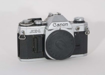 Canon AE-1, 1981. Front view, angled to right, no lens.