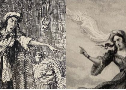 A combination of two images, both depicting women pointing to someone out of frame. The image on the right is much more naturalistic than the one on the right
