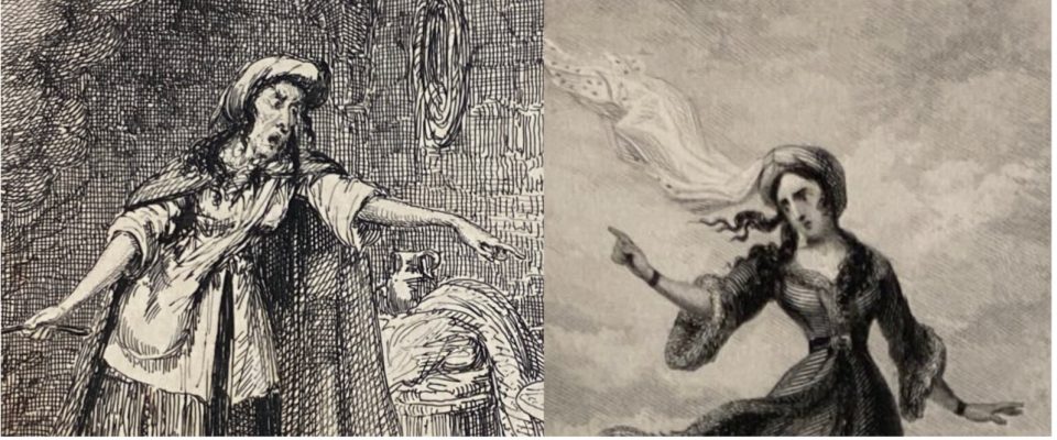 A combination of two images, both depicting women pointing to someone out of frame. The image on the right is much more naturalistic than the one on the right