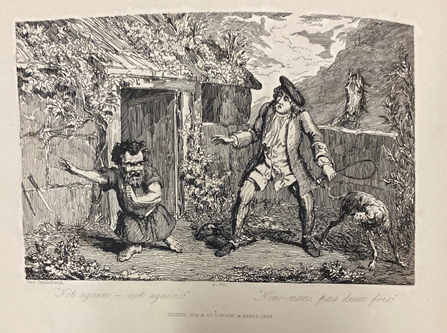 A dwarf throws away a knife in front of a man holding a whip