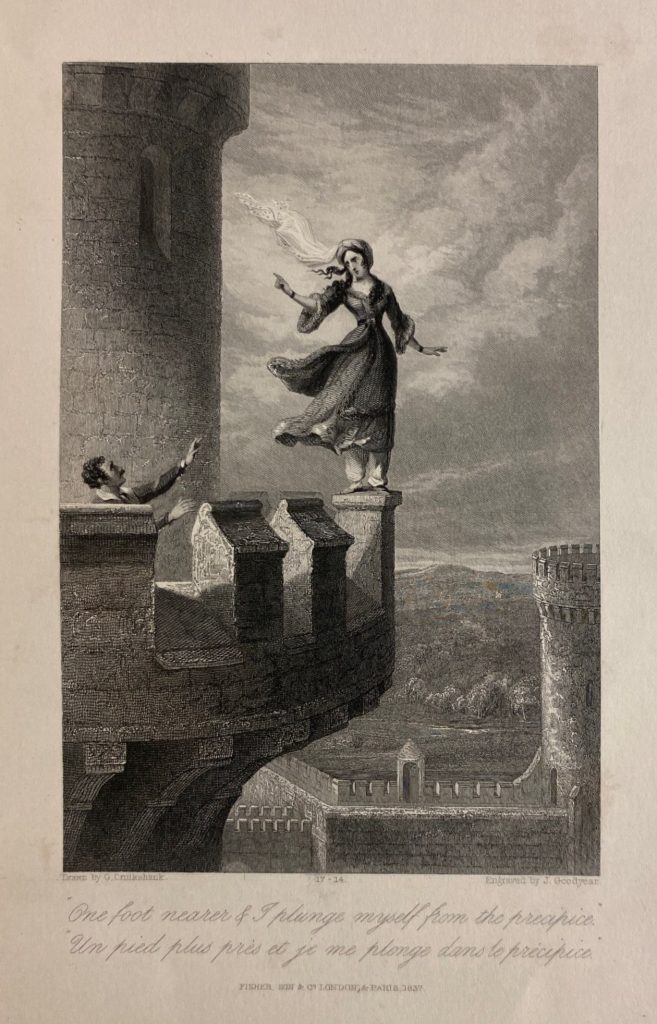 A man reaches for a woman standing the parapet of castle balcony
