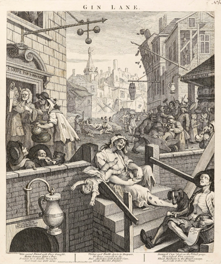 A large mass of intoxicated people displaying chaos such as a woman dropping her baby, a crowd of people placing a naked woman into a coffin, and a man fighting a dog over a bone.