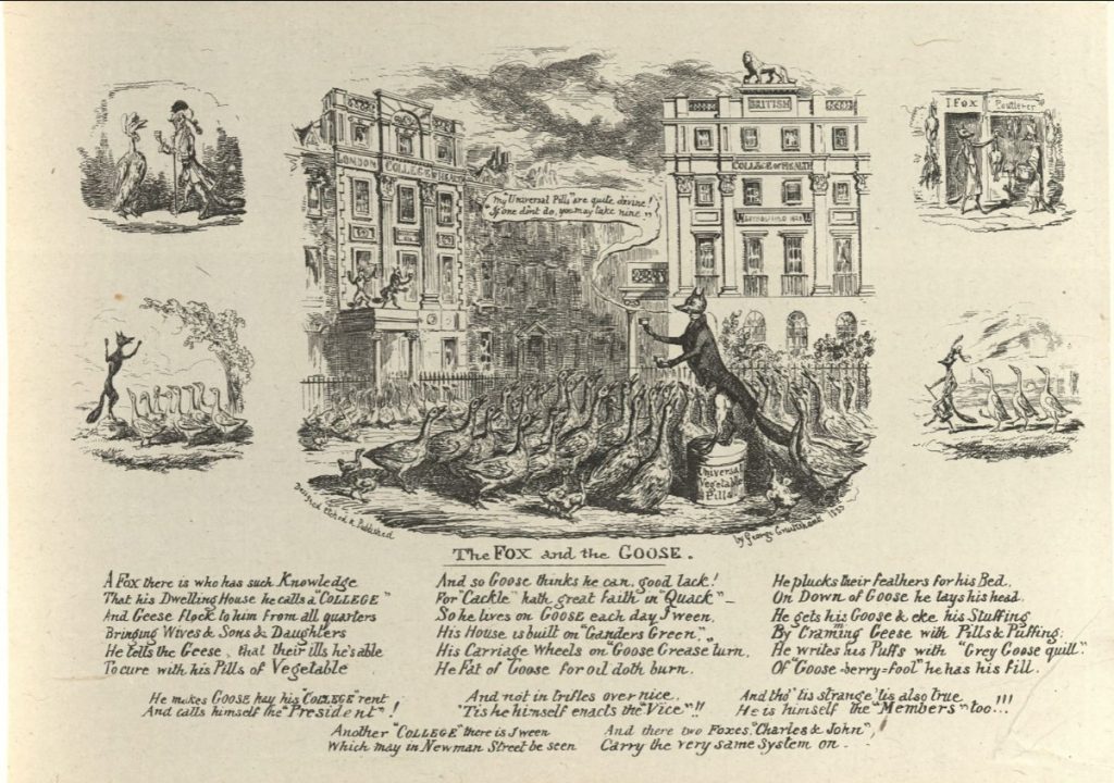 George Cruikshank's "The Fox and the Goose." The page is filled with five images and a narrative poem. On the left-side of the page there are two small illustrations arranged in a column. To the right is the larger, central image that takes up a majority of the page. On the far right hand side of the page are another two smaller images, also arranged in a single column. Below the images is the text of the narrative poem.  