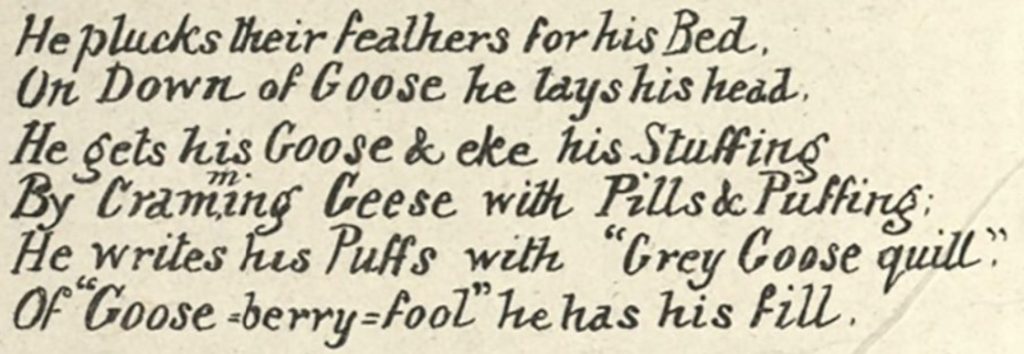 A stanza of the narrative poem: "He plucks their feathers for his Bed. On Down of Goose he lays his head. He gets his Goose & eke his Stuffing By Cramming Geese with Pills and Puffing; He writes his Puffs with 'Grey Goose Quill." Of 'Goose=berry=fool' he has his fill."