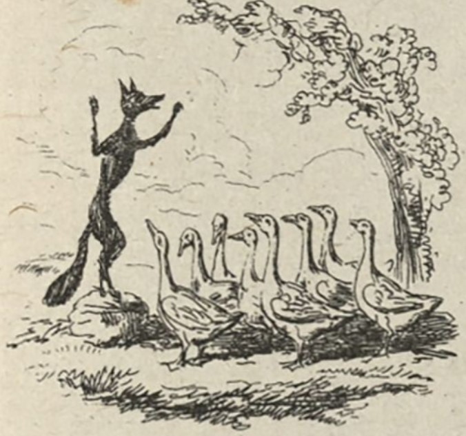 A close up image of the small illustration on the bottom left hand side of the page. A fox stands on a rock in the forest with his arms raised. He has the attention of about a dozen geese