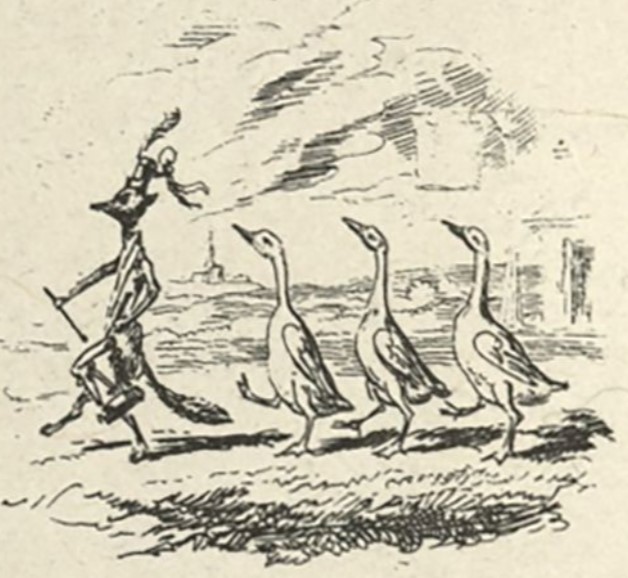A close up image of the smaller illustration on the bottom right hand side of the page. A fox dressed in a military uniform and beating on a drum marches with three geese in step behind him