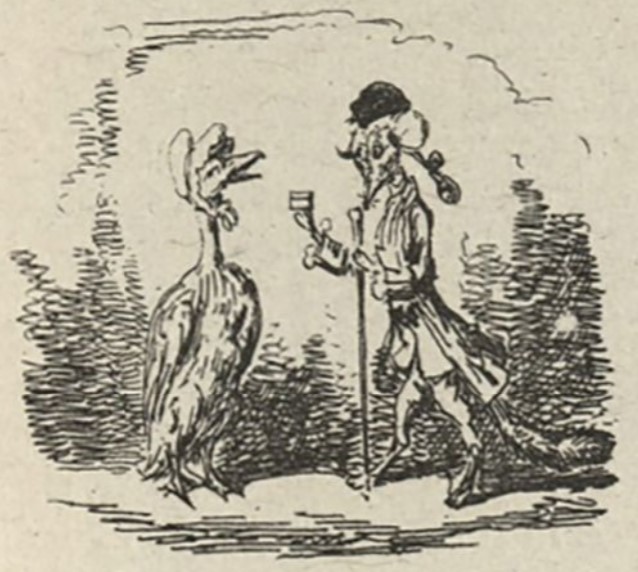 A close-up image of the small illustration on the left-hand side of the full page. A well-dressed fox with a cane hands a box of pills to a goose wearing a bonnet