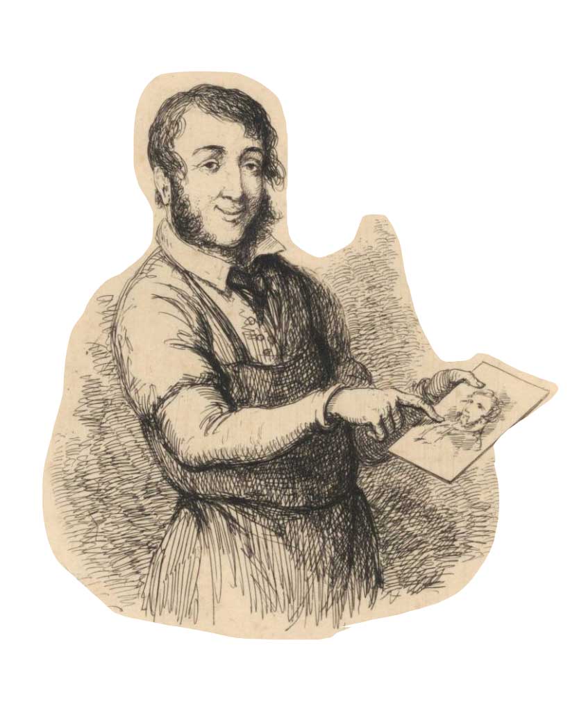 Engraving of a man pointing to an image of himself and grinning.