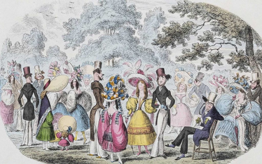 People in high class nineteenth-century dresses and suits are mingling in a garden. The image is in color. 