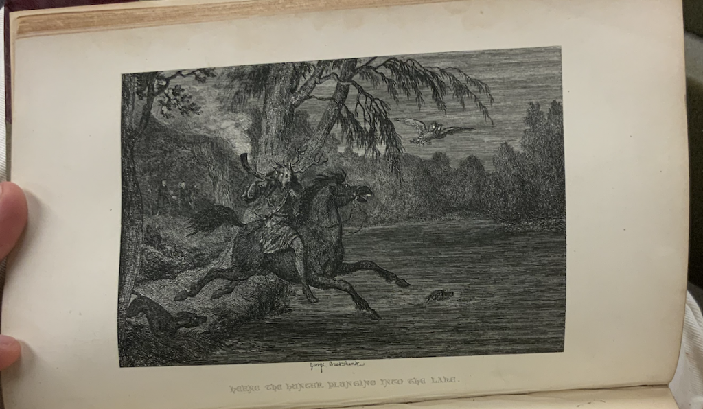 The etched plate illustrates an owl and tree branches over looking at Herne the huntsmen plunging into the swamp with his two hounds while others in the background are pursuing Herne to prevent him from escaping.  