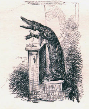 A crocodile stands at a podium delivering a speech and crying.