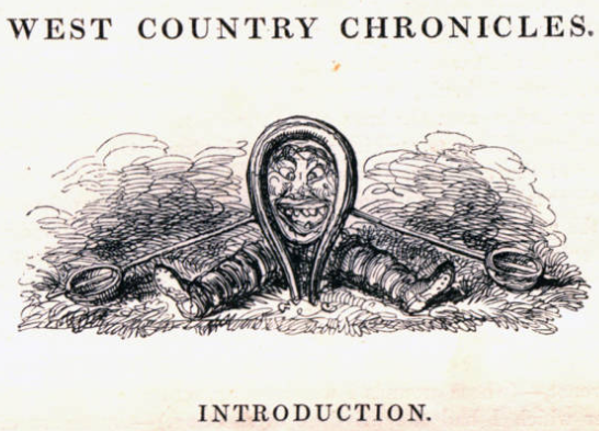 A wild-eyed man is made of a head and two legs and his head is trapped inside of some horseshoe-like contraption.
