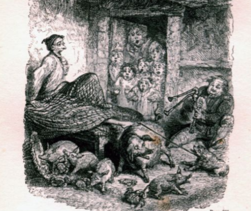 Pigs are loose inside of a room while a man in a bed and several other people in a doorway look on in horror