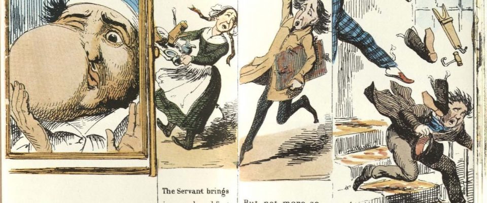 Four images. The first is a man looking in a mirror with a very swollen cheek. The second is a maid falling over with a full tray of beverages. The third is a man running with an artist's portfolio under his arm. The fourth is man being kicked by an anonymous leg and books and boot-making implements are flying.