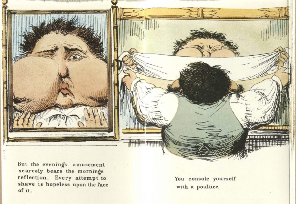 There are two images. In the first, a man with two swollen cheeks and a swollen eye looks in the mirror. In the second, the same man is holding a large white sheet in an attempt to wrap his face in a poultice.