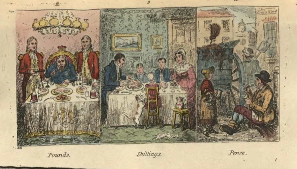 A hand-colored three-panel image that features very wealth, middle-class, and working class individuals in domestic scenes.