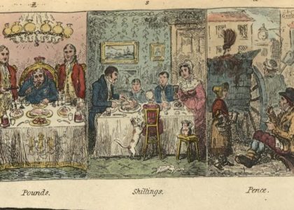 A hand-colored three-panel image that features very wealth, middle-class, and working class individuals in domestic scenes.