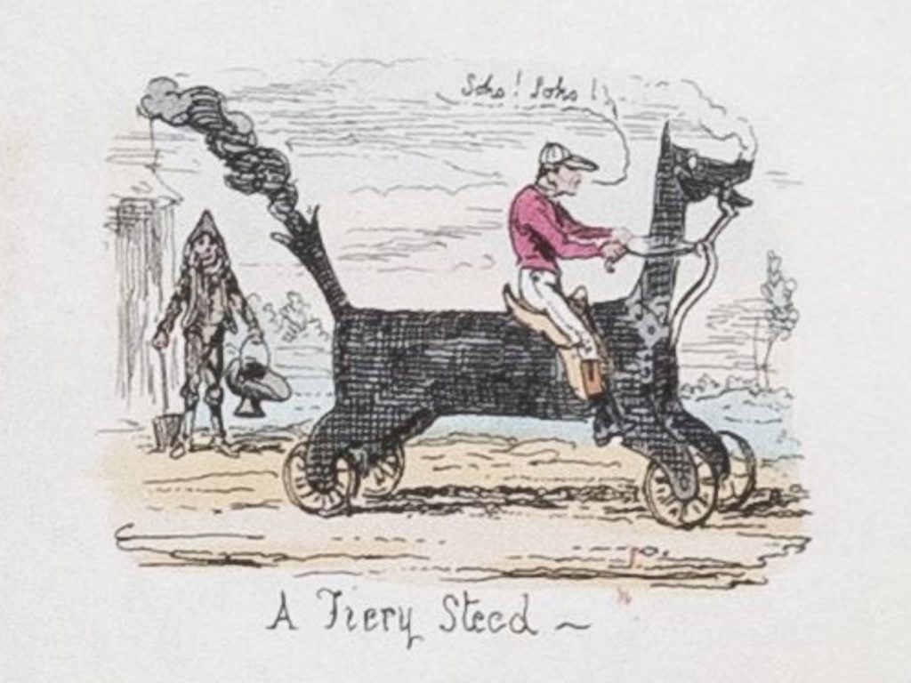 A man rides a mechanical horse with smoke coming out of its tail