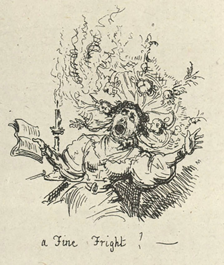 A woman is screaming as her hair and the flowers in it appear to light on fire. 