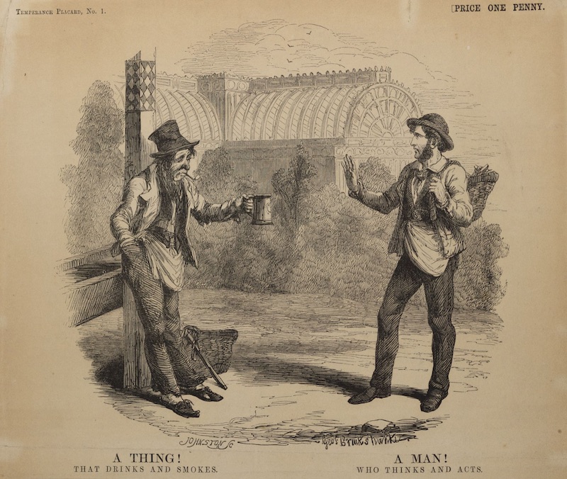 A man who is drinking beer and smoking from a pipe offers his beer to a so-called water drinker who declines