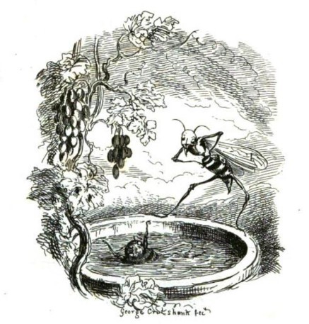 A wasp watches as a bee struggles in a bird-bath filled with water.