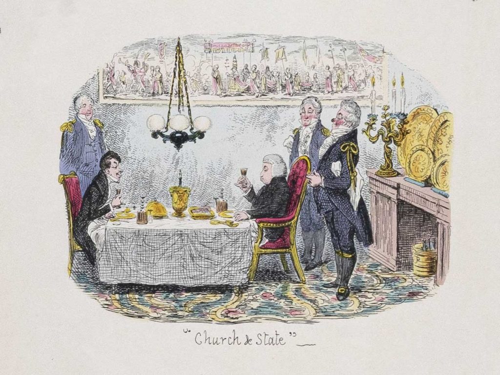 Two men drink wine at a fancy dinner table while three servants stand around them.