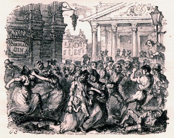 A large group of drinkers fight outside of a gin shop as a worried child clutches to her parents