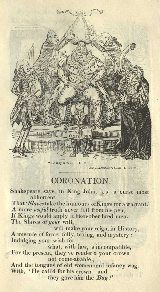 King George IV sits on a large throne and is crowned with a money sack. Five men surround the King, two lower the money sack on his head, two play music from horns, and one reads a newspaper.