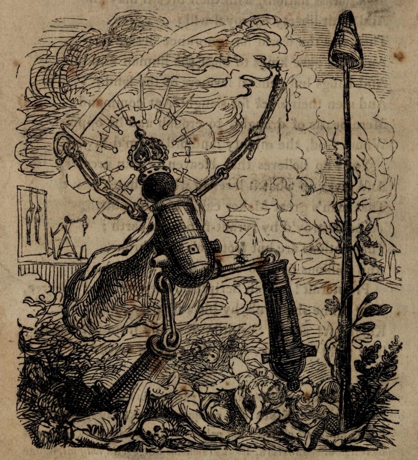 A mechanical king holding a sword and a torch stands on a pile of corpses