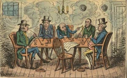Men in middle class coats and hats sit around a table with their pipes; the smoke envelopes them overhead. 