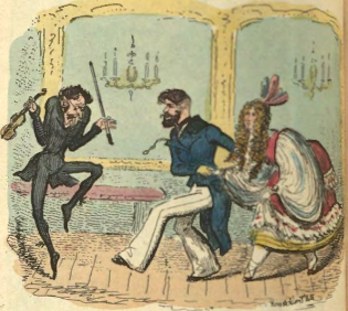 A violinist and a couple, a man in a blue coat and a woman in a pink and white dress, dance in what appears to be a ball room. 