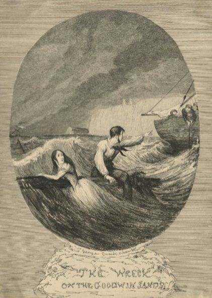 A man and a woman cling to shipwreck debris in a tumultuous sea; a ship is seen in the distance heading toward them. 