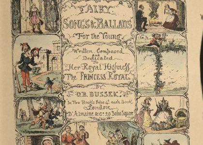 Title page for "Fairy Songs and Ballads." Surrounding the title are many smaller colored images capturing scenes from the book.