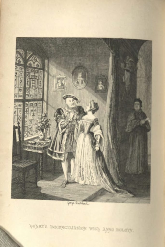 Henry and Anne stand in the light of a stained glass window, holding hands. Behind a curtain, a man stands watching the couple.