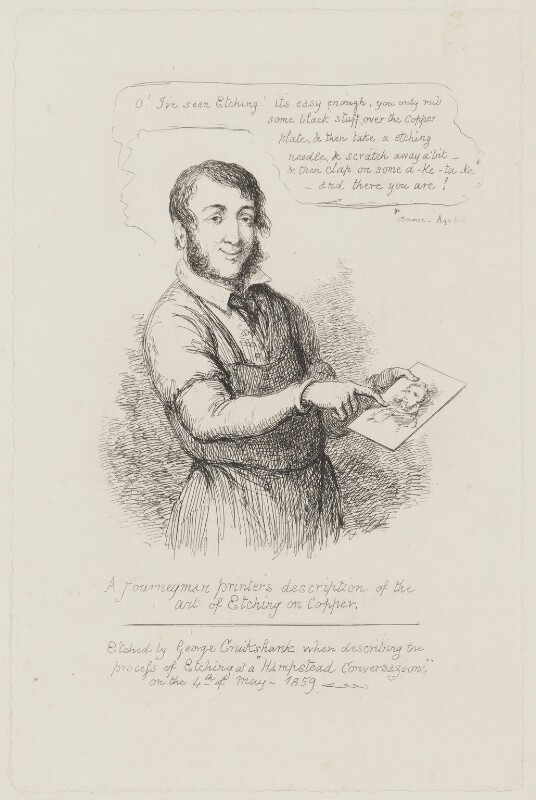 A sketch of a man pointing to an engraved image on a plate. He is wearing an apron. The text reads, "O! I've seen Etching! It's easy enough, you only run some black stuff over the copper plate, & then take a etching needly, & scratch away a bit--& then clap on some a-ke-ta-ke--and there you are!