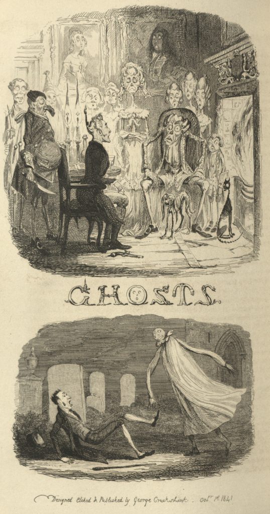 Two pictures. In the first one, a ghost sits in a chair surrounded by other skeletons across from a man whose hair is standing up. In the second image, a large white ghost floats over a man who is falling over