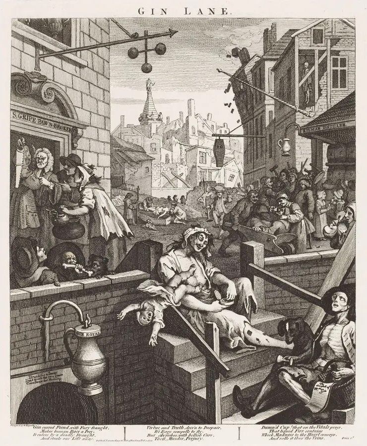 A half-naked woman in the foreground is dangling a baby over a railing while a very skeletal man sits nearby on the steps. Other people lounge in the background and one person is being loaded into a coffin. 