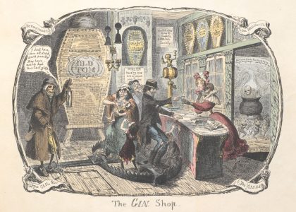 A family unknowingly stands in a giant bear trap while they purchase alcohol at a gin shop filled with skeletons and coffins