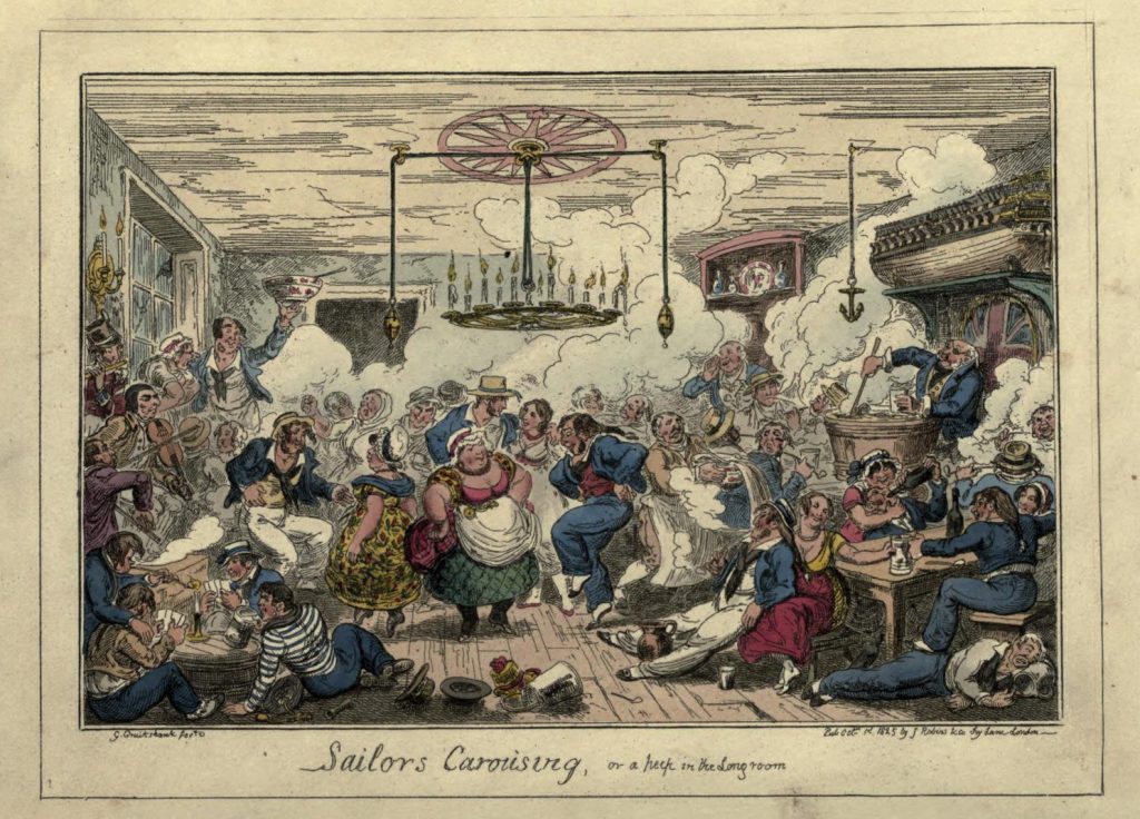 A group of sailors and women standing around drinking and playing games surrounded by smoke.