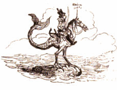 A seahorse with horse-like legs and a man riding upon it
