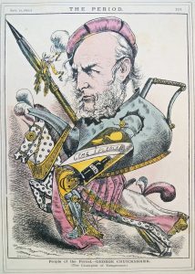 George Cruikshank wearing teapot armor and a badge that says "the pledge" rides a horse into battle