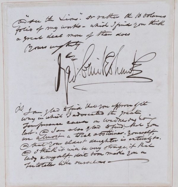 A letter from George Cruikshank to James Gibbs congratulating Gibbs on his temperance and urging him to become a teetotaler