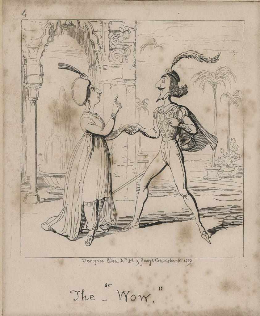 A man reaches out to hold the hand of a woman. Both figures are well dressed with feathers on their caps. 