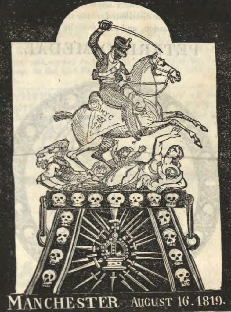 On top of a podium decorated with skulls, a man riding horseback raises his sword and prepares to kill a women laying on the ground holding a baby
