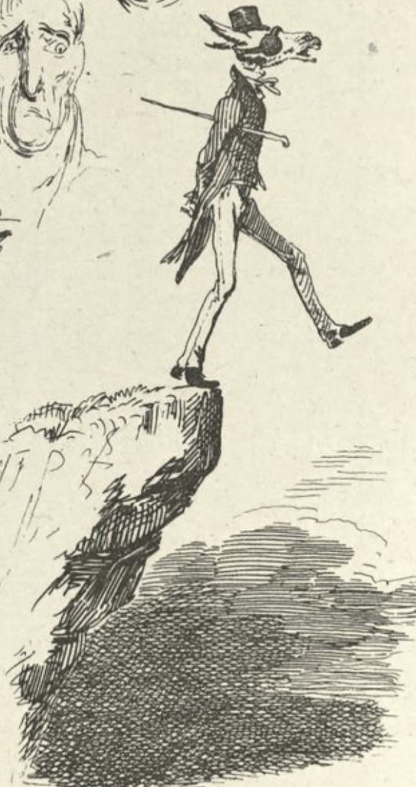 An anthropomorphic donkey in a gentlemen's suit, complete with top hat and cane, walks off the edge of a cliff. 