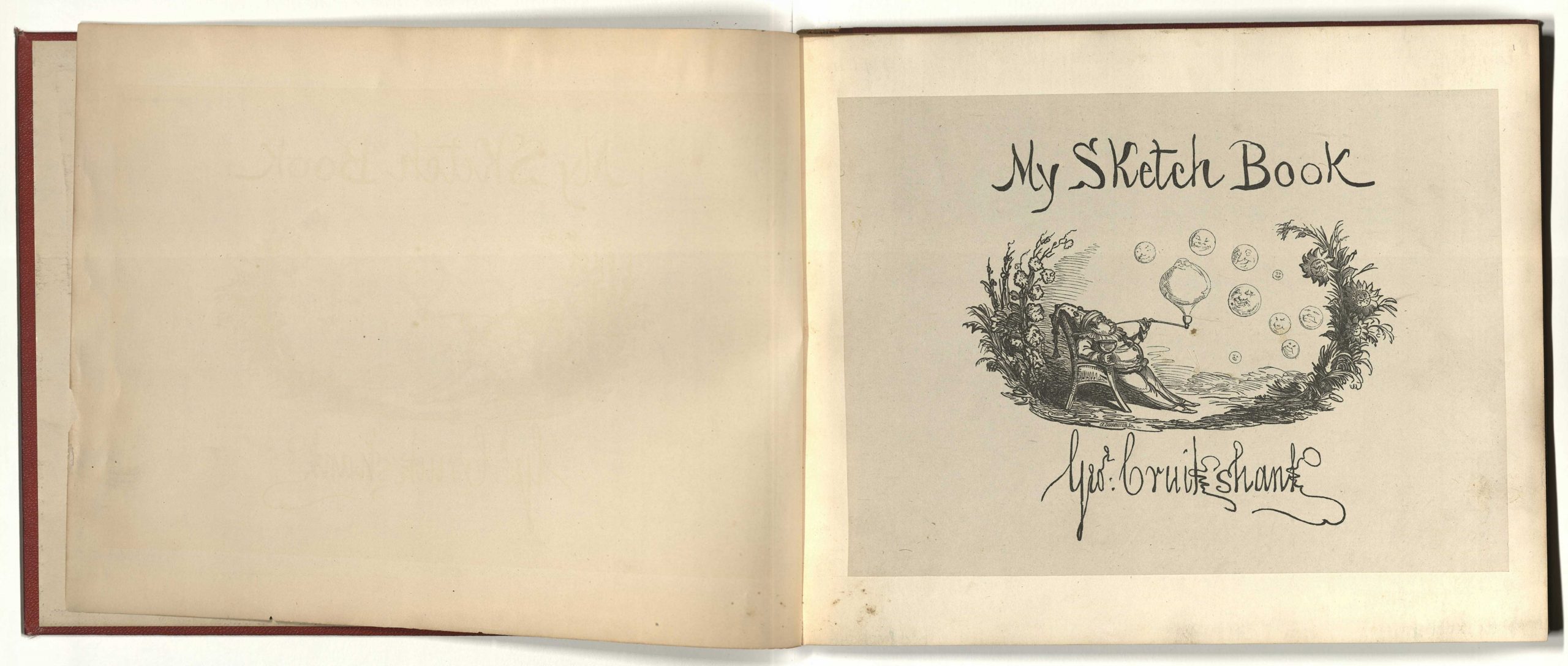 The text says "My Sketch Book" and includes a small figure smoking bubbles with a wreath of foliage around him. The signature of George Cruikshank is underneath.