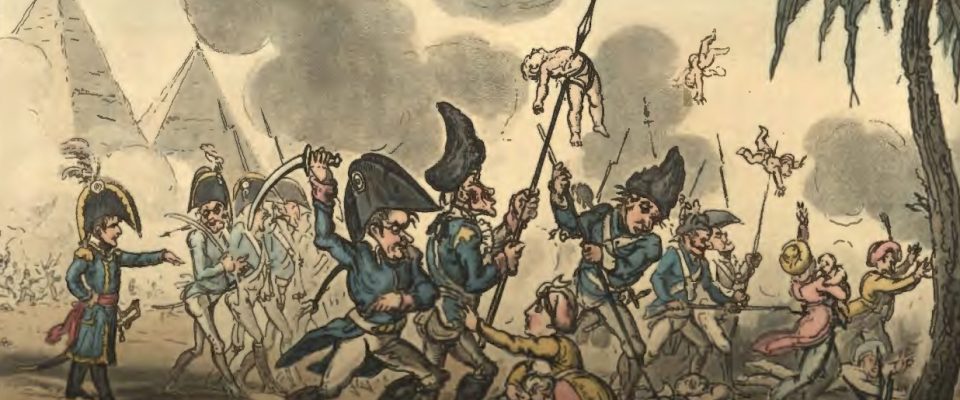 Small Frenchmen, followers of Napoleon, skewer babies on long spears